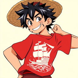 An original anime character design featuring a bold leader with a large smile and striking black hair