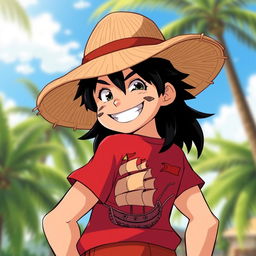 An original anime character design featuring a bold leader with a large smile and striking black hair