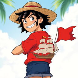 An original anime character design featuring a bold leader with a large smile and striking black hair