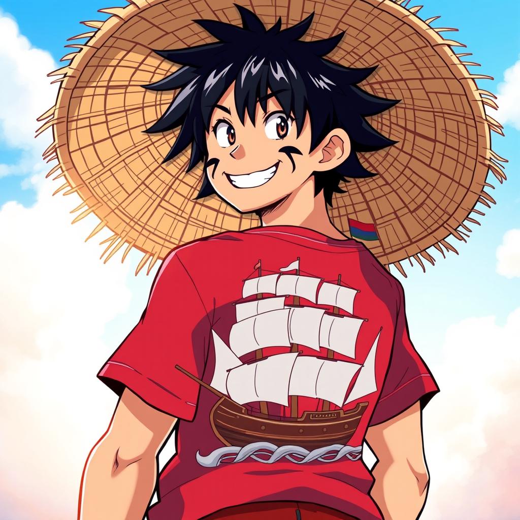 An original anime character design featuring a bold leader with a large smile and striking black hair