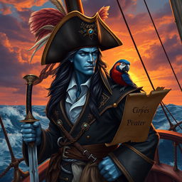A fantasy scene featuring a blue-skinned man with striking features, wearing an ornate pirate captain hat adorned with feathers and jewels