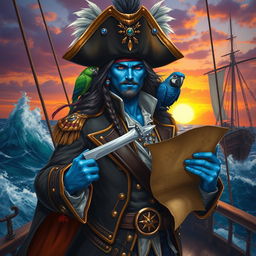 A fantasy scene featuring a blue-skinned man with striking features, wearing an ornate pirate captain hat adorned with feathers and jewels