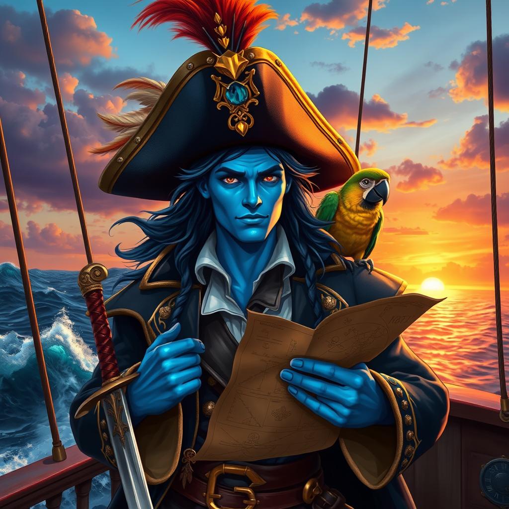 A fantasy scene featuring a blue-skinned man with striking features, wearing an ornate pirate captain hat adorned with feathers and jewels