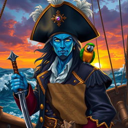 A fantasy scene featuring a blue-skinned man with striking features, wearing an ornate pirate captain hat adorned with feathers and jewels