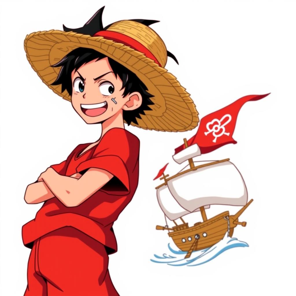 An anime character with a straw hat, displaying a big smile and bold black hair, embodying the essence of a daring leader