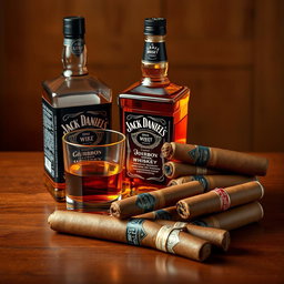 A sophisticated still life composition featuring a bottle of Jack Daniels bourbon whiskey alongside a stack of premium Cuban cigars