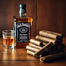 A sophisticated still life composition featuring a bottle of Jack Daniels bourbon whiskey alongside a stack of premium Cuban cigars