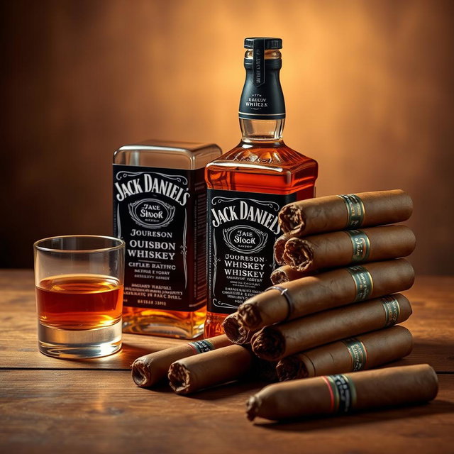 A sophisticated still life composition featuring a bottle of Jack Daniels bourbon whiskey alongside a stack of premium Cuban cigars