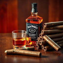 A sophisticated still life composition featuring a bottle of Jack Daniels bourbon whiskey alongside a stack of premium Cuban cigars