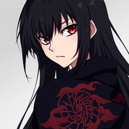 An anime character with serious expression and striking red eyes