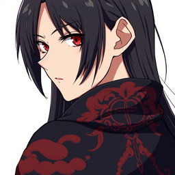 An anime character with serious expression and striking red eyes
