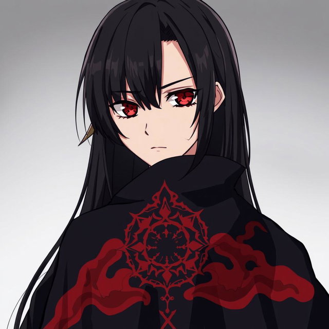An anime character with serious expression and striking red eyes