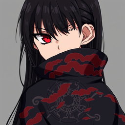 An anime character with serious expression and striking red eyes