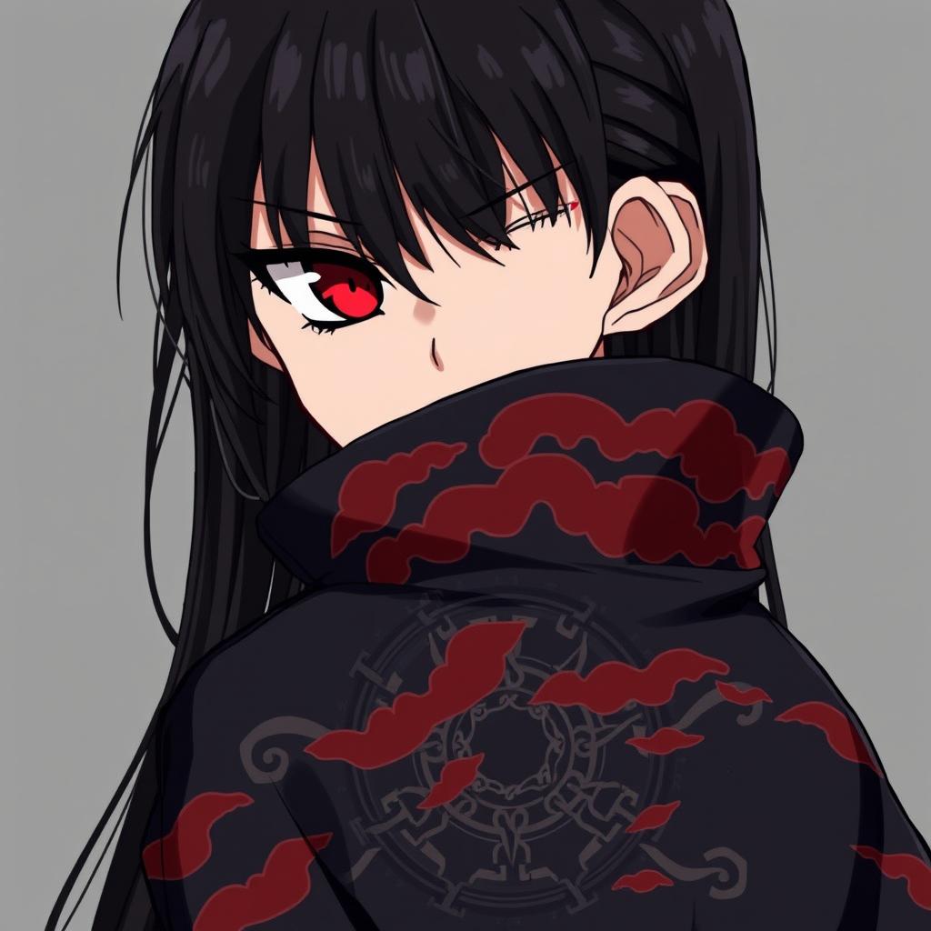 An anime character with serious expression and striking red eyes