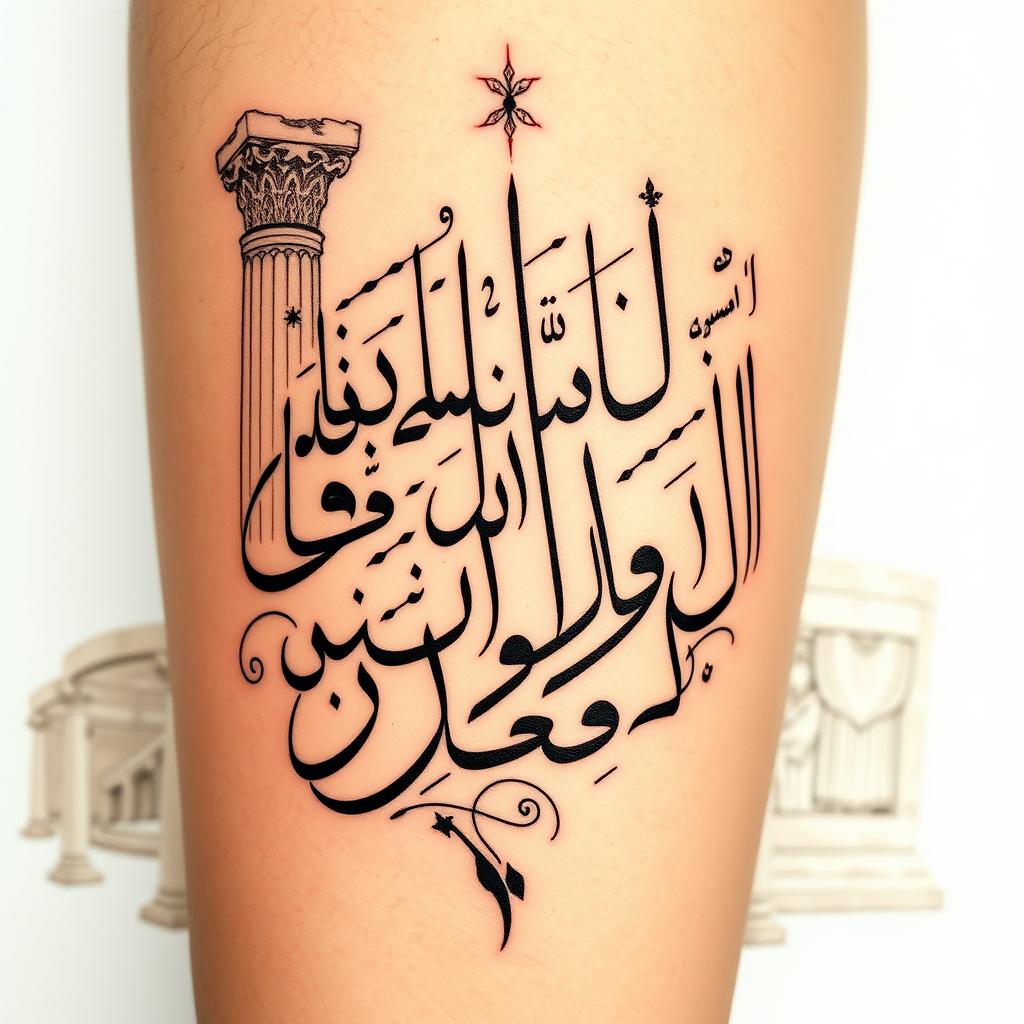 A beautifully designed tattoo featuring Persian Nastaliq calligraphy incorporating elements of Takht Jamshid (Persepolis)