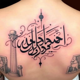 A beautifully designed tattoo featuring Persian Nastaliq calligraphy incorporating elements of Takht Jamshid (Persepolis)