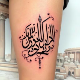 A beautifully designed tattoo featuring Persian Nastaliq calligraphy incorporating elements of Takht Jamshid (Persepolis)