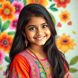 A beautiful Indian girl with light skin, wearing a vibrant traditional outfit with intricate embroidery