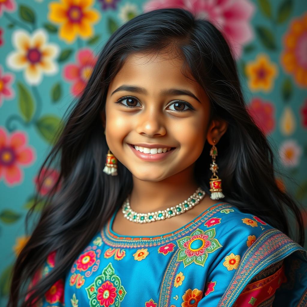 A beautiful Indian girl with light skin, wearing a vibrant traditional outfit with intricate embroidery