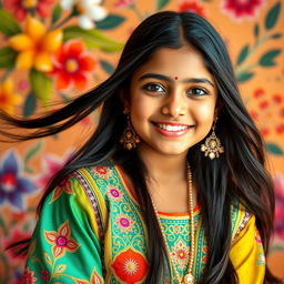 A beautiful Indian girl with light skin, wearing a vibrant traditional outfit with intricate embroidery