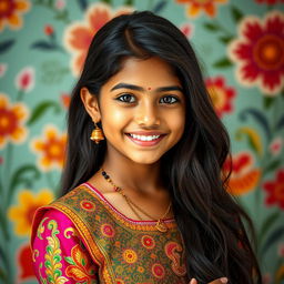 A beautiful Indian girl with light skin, wearing a vibrant traditional outfit with intricate embroidery