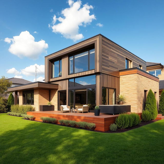 A contemporary modern house featuring a luxurious and stylish brown color theme