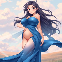 A voluptuous anime woman wearing a flowing blue dress that accentuates her curves, showcasing her ample breasts and a well-defined figure