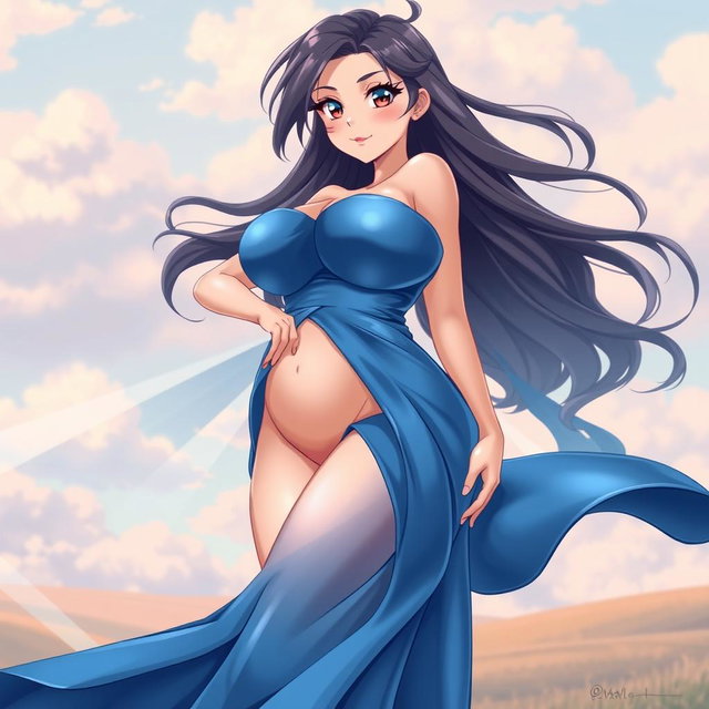 A voluptuous anime woman wearing a flowing blue dress that accentuates her curves, showcasing her ample breasts and a well-defined figure