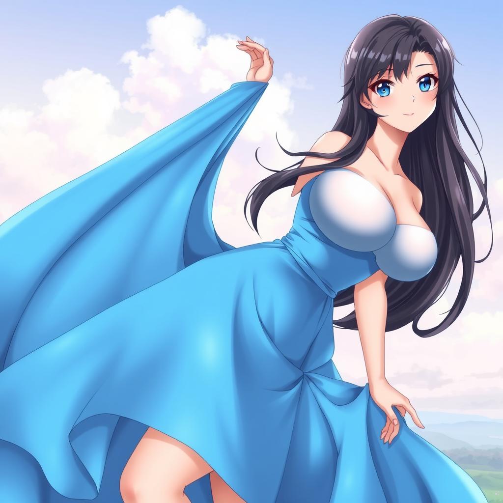 A voluptuous anime woman wearing a flowing blue dress that accentuates her curves, showcasing her ample breasts and a well-defined figure