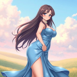 A voluptuous anime woman wearing a flowing blue dress that accentuates her curves, showcasing her ample breasts and a well-defined figure