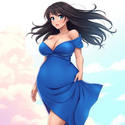 A voluptuous anime woman wearing a flowing blue dress that accentuates her curves, showcasing her ample breasts and a well-defined figure