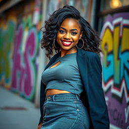 A beautiful black girl with thick thighs, wearing a stylish mini skirt that highlights her figure