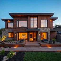 A stunning modern house with a warm brown theme, featuring sleek lines and large windows