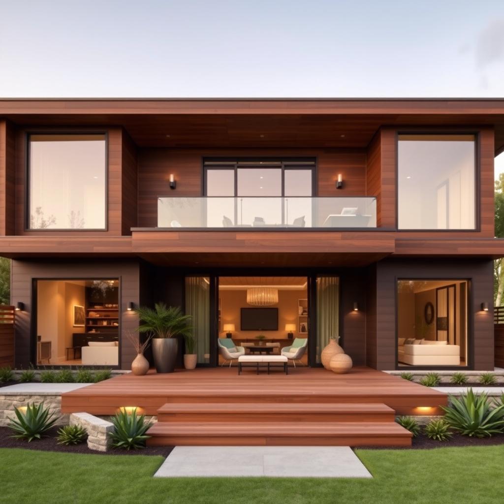 A stunning modern house with a warm brown theme, featuring sleek lines and large windows