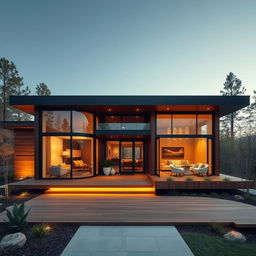 A stunning modern house with a warm brown theme, featuring sleek lines and large windows