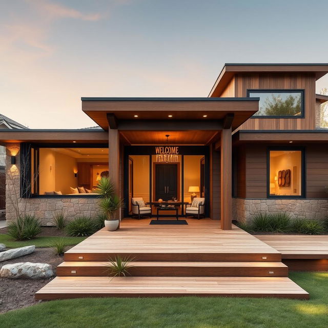 A stunning modern house with a warm brown theme, featuring sleek lines and large windows