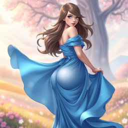 An anime-inspired woman wearing a beautiful, flowing blue dress that accentuates her curvy figure