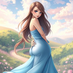 An anime-inspired woman wearing a beautiful, flowing blue dress that accentuates her curvy figure
