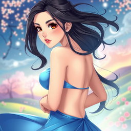 An anime-inspired woman wearing a beautiful, flowing blue dress that accentuates her curvy figure