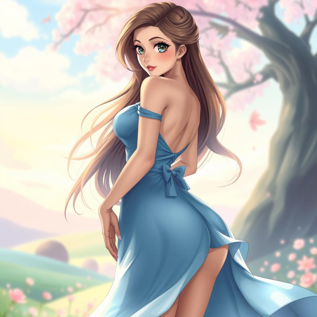 An anime-inspired woman wearing a beautiful, flowing blue dress that accentuates her curvy figure