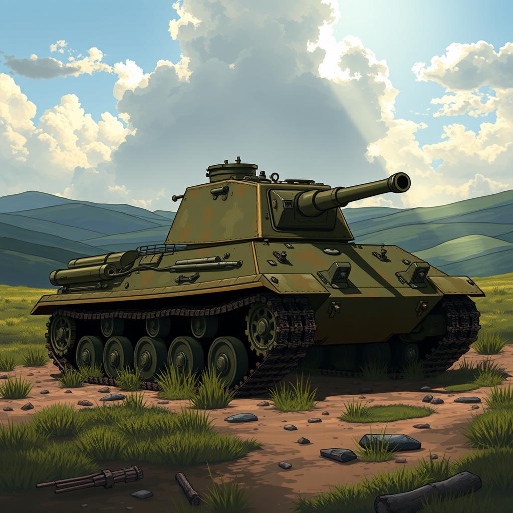 A detailed illustration of a World War II Panzer tank in an outdoor setting