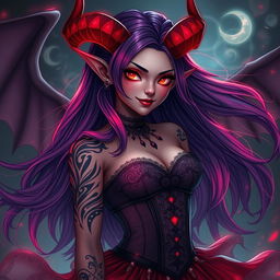 A captivating and alluring demon girl, featuring long flowing hair that glows subtly in shades of deep violet and fiery red, adorned with intricate tribal tattoos that shimmer on her skin