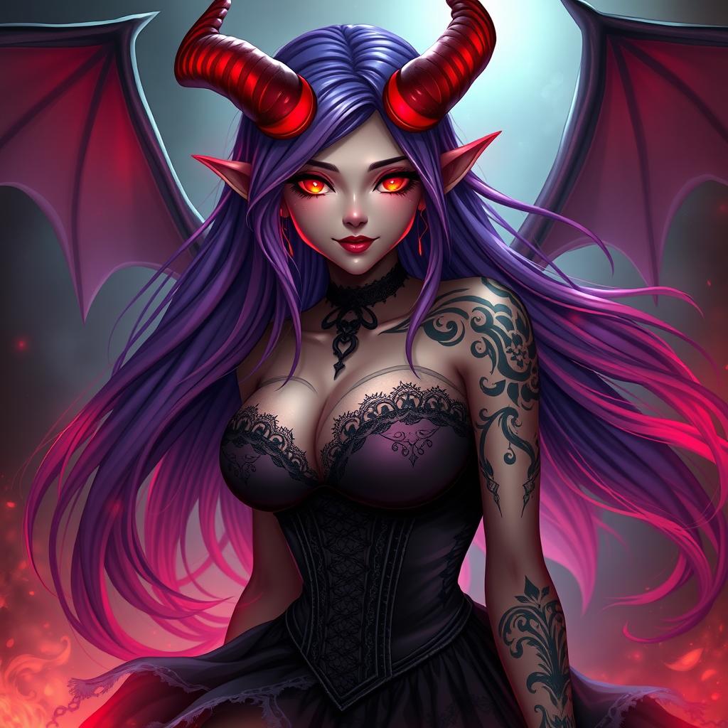 A captivating and alluring demon girl, featuring long flowing hair that glows subtly in shades of deep violet and fiery red, adorned with intricate tribal tattoos that shimmer on her skin