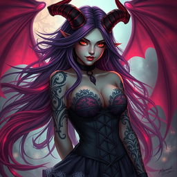 A captivating and alluring demon girl, featuring long flowing hair that glows subtly in shades of deep violet and fiery red, adorned with intricate tribal tattoos that shimmer on her skin
