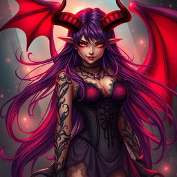 A captivating and alluring demon girl, featuring long flowing hair that glows subtly in shades of deep violet and fiery red, adorned with intricate tribal tattoos that shimmer on her skin