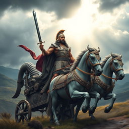 An imposing Aryan warrior clad in intricate armor, standing proudly on a magnificent war chariot