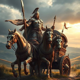 An imposing Aryan warrior clad in intricate armor, standing proudly on a magnificent war chariot