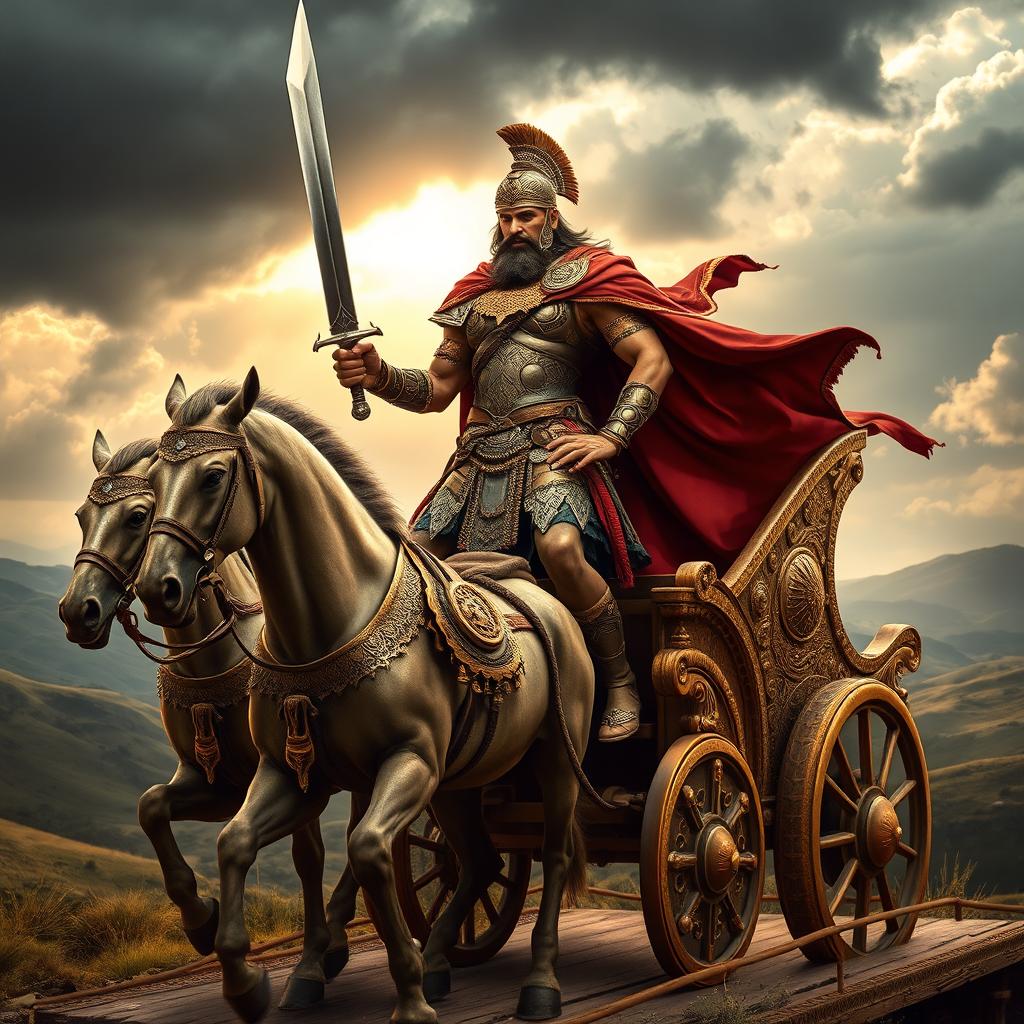 An imposing Aryan warrior clad in intricate armor, standing proudly on a magnificent war chariot