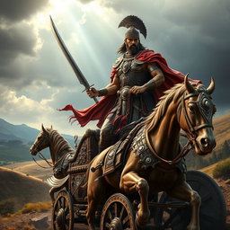 An imposing Aryan warrior clad in intricate armor, standing proudly on a magnificent war chariot