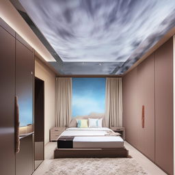 Create a large room with a ceiling mimicking a cloudy sky. The centerpiece is a bed hung in the middle of one wall, flanked by a grand mirror. Beside the mirror is a sizable wardrobe with numerous compartments. The floor has a plush mat and opposite to the bed, a wall showcases a waterfall. One wall painted in light-dark hues remains unadorned. A capacious study table and wall shelves demand attention.